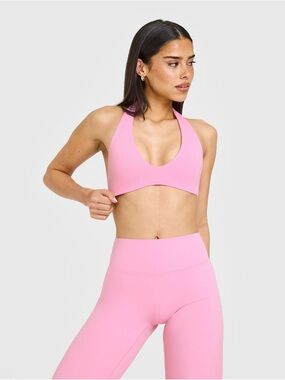 SoftMotion™ Minimal Halter Neck Bralette with White Logo | Rose Pink - M